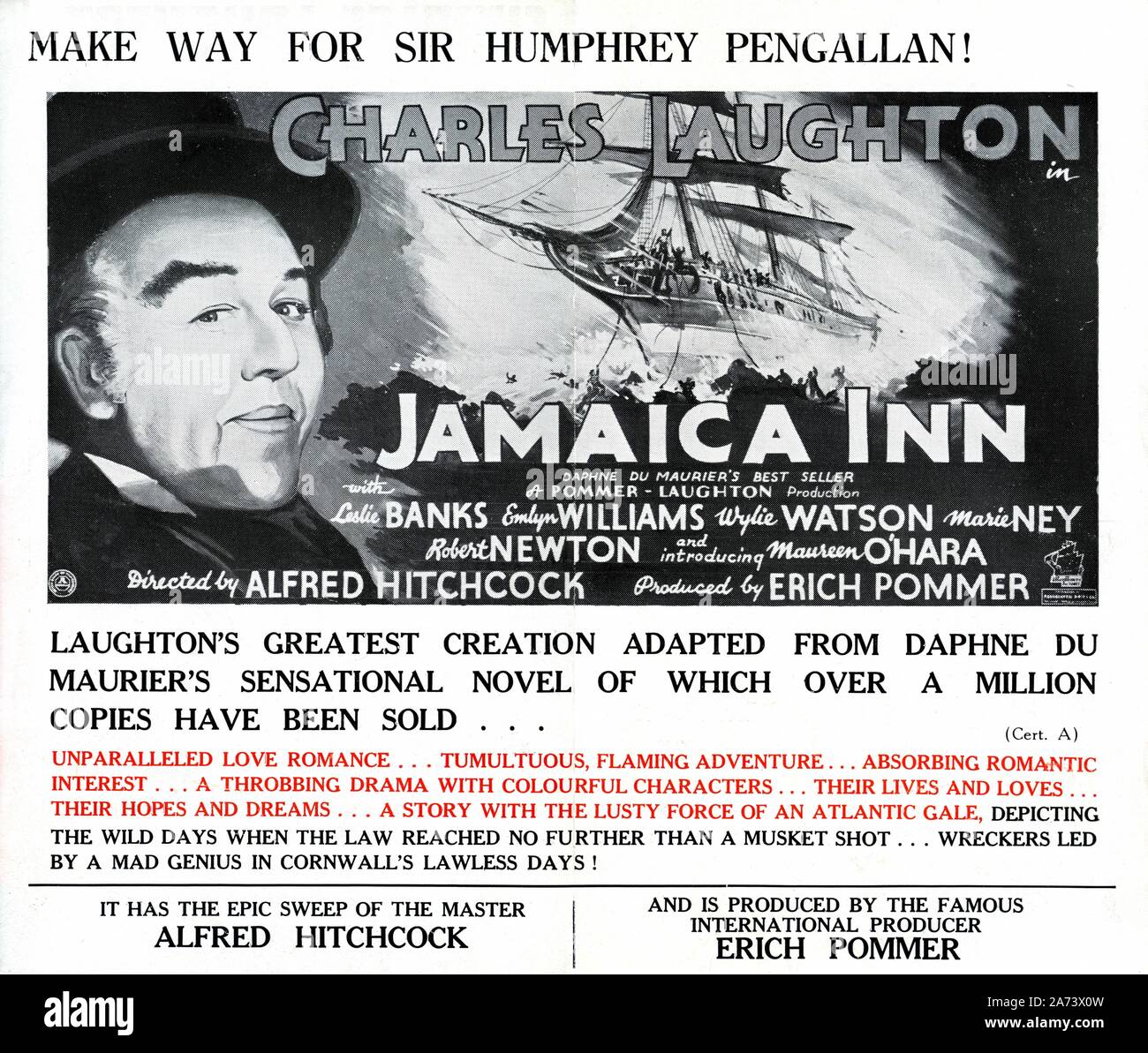 CHARLES LAUGHTON as Sir Humphrey Pengallan in JAMAICA INN 1939 director ALFRED HITCHCOCK novel DAPHNE DU MAURIER screenplay Sidney Gilliat Joan Harrison and J.B. Priestley producer Erich Pommer Mayflower Pictures Corporation / Associated British Picture Corporation (ABPC) Stock Photo