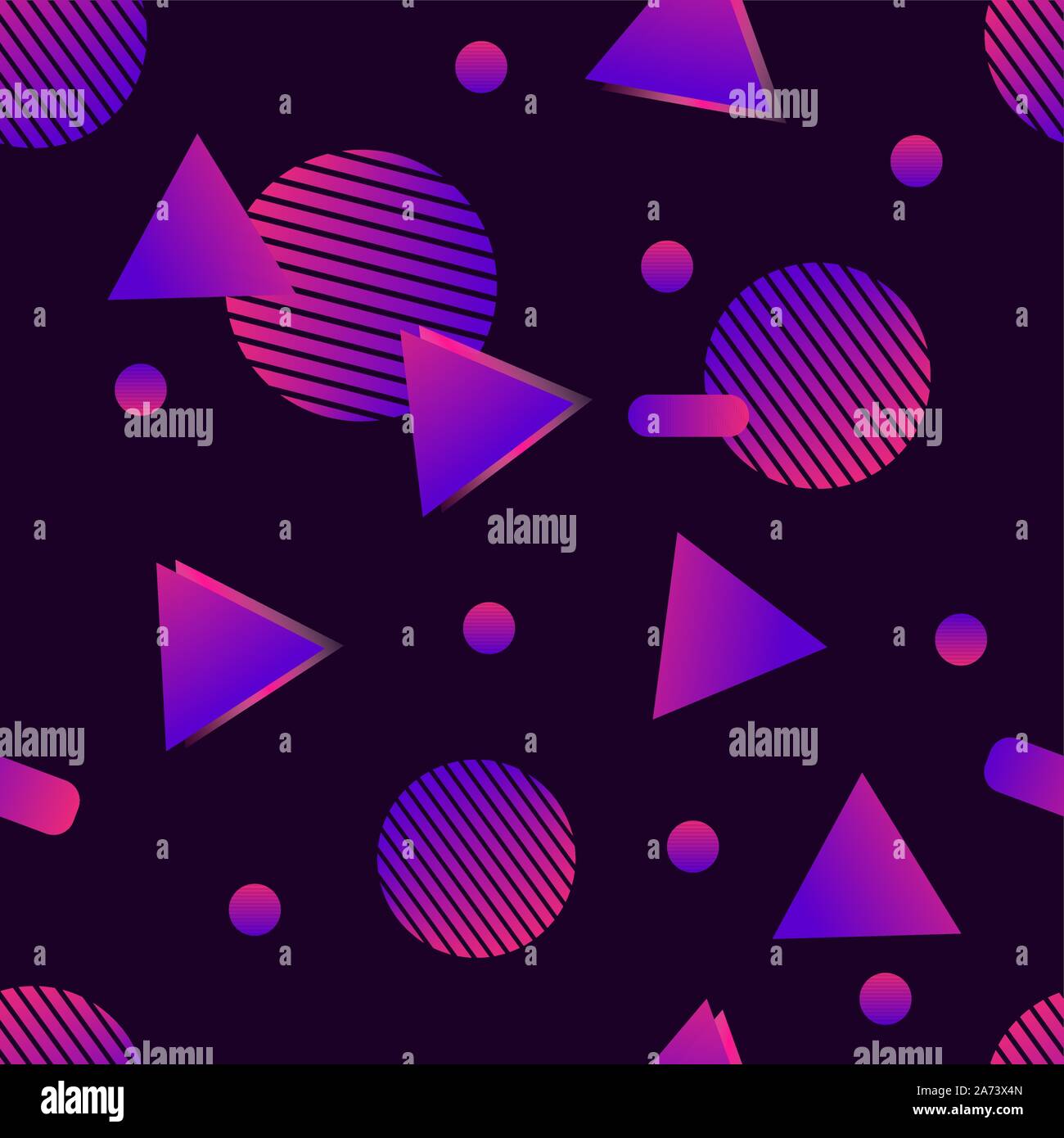 Futuristic seamless pattern. Retrowave, synthwave geometric illustration. Cybernetic space of the future. Neon colors on a dark background. Memphis. Stock Vector