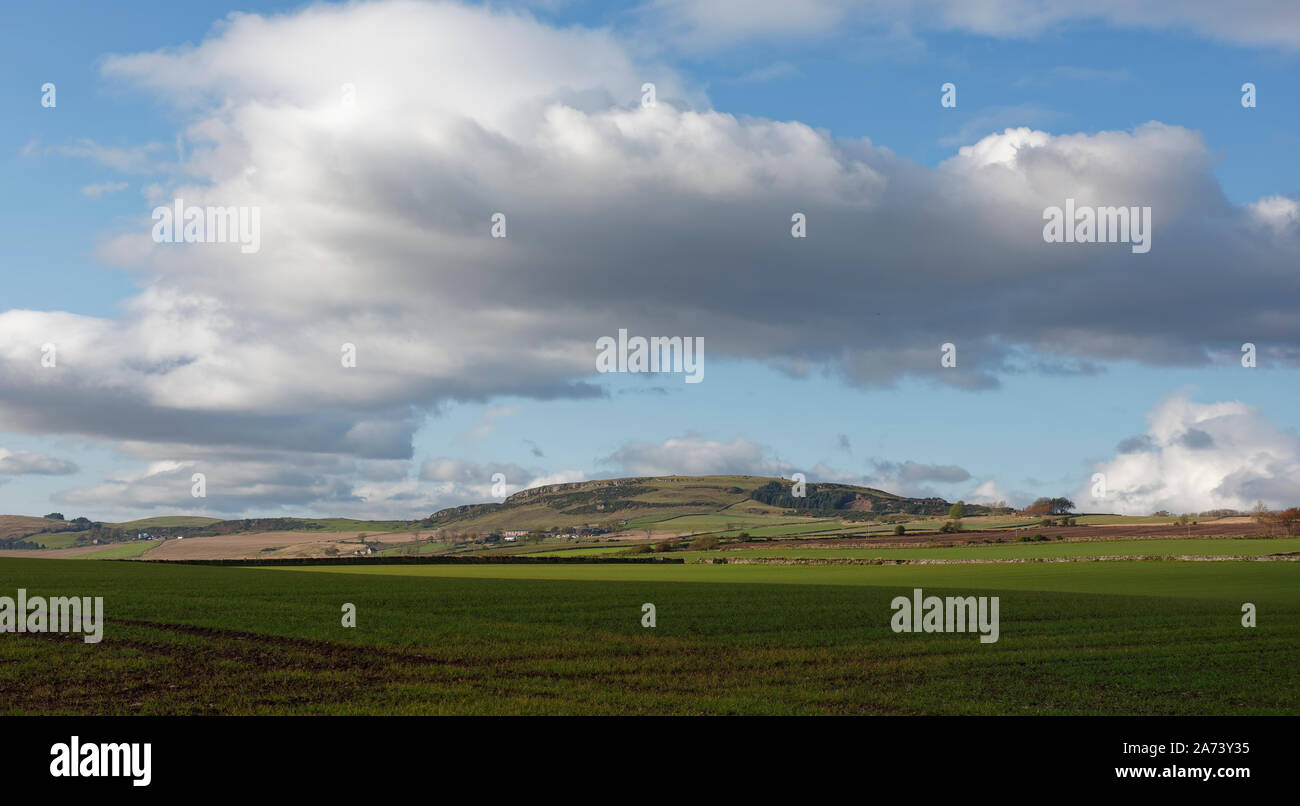 Looking over the harvested and prepared fields of small Hill farms and on to Turin Hill, a craggy outcrop running along the Valley outside Forfar. Stock Photo