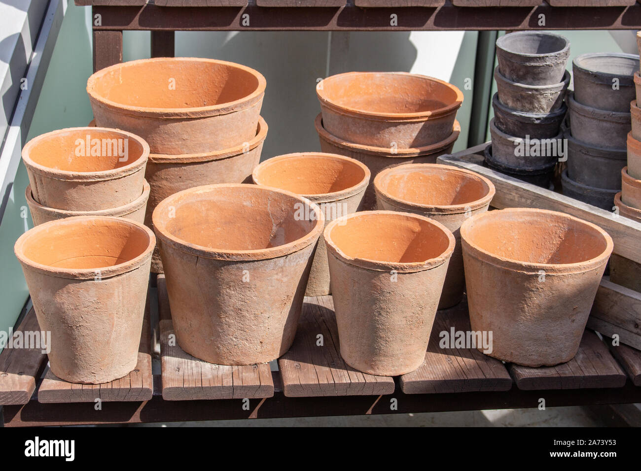 Set of clay flower pots in the garden. The concept of preparing garden