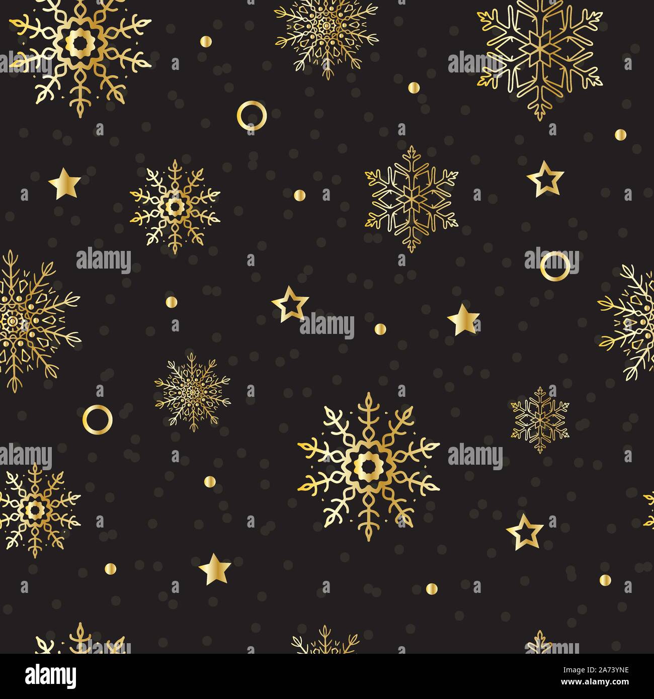 Exclusive seamless pattern of golden snowflakes and stars on a black background. Thin delicate lines silhouettes of different snow elements. New year. Stock Vector