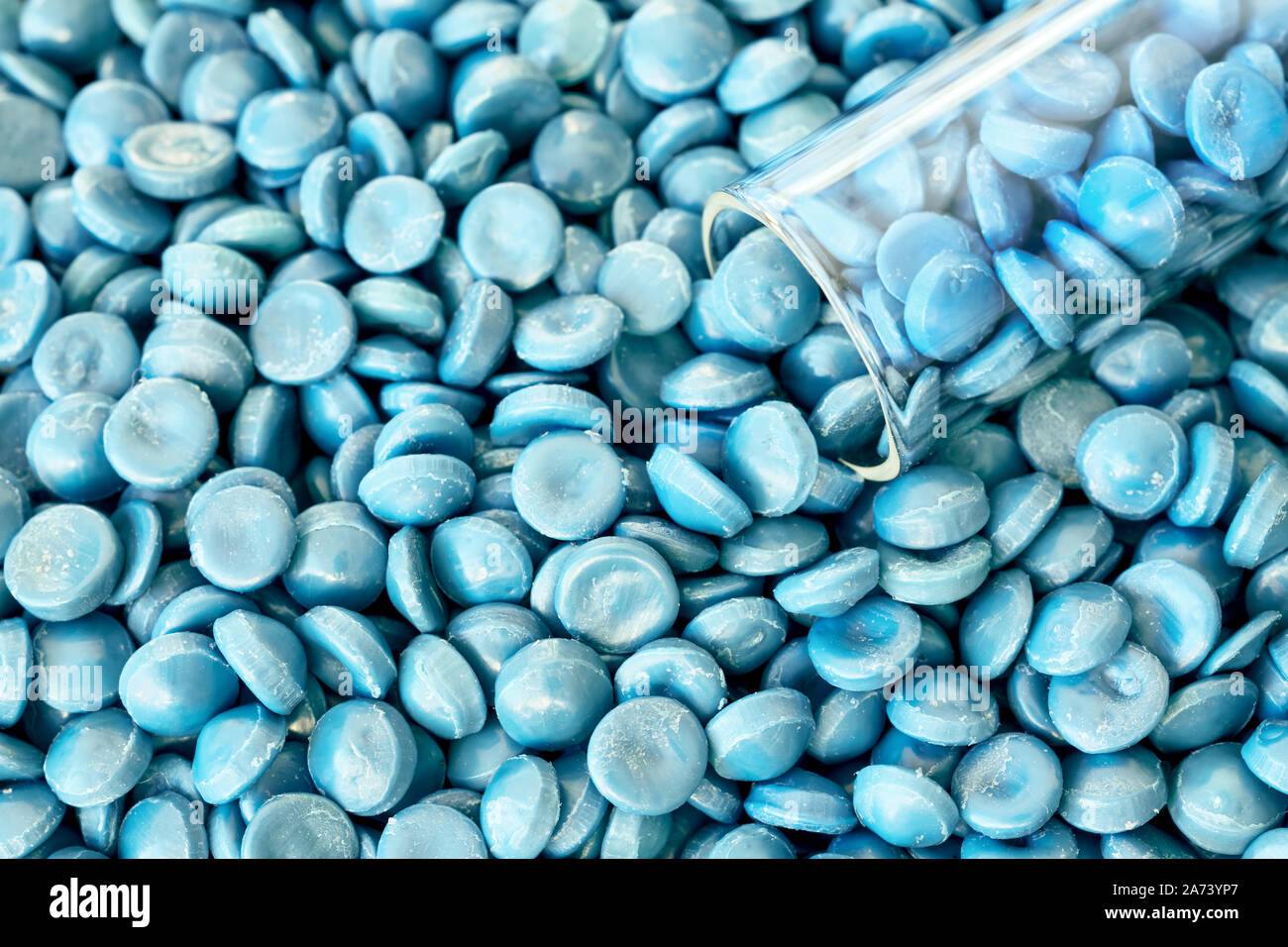 Close up of high-density polyethylene (HDPE) granules, selective focus. Stock Photo