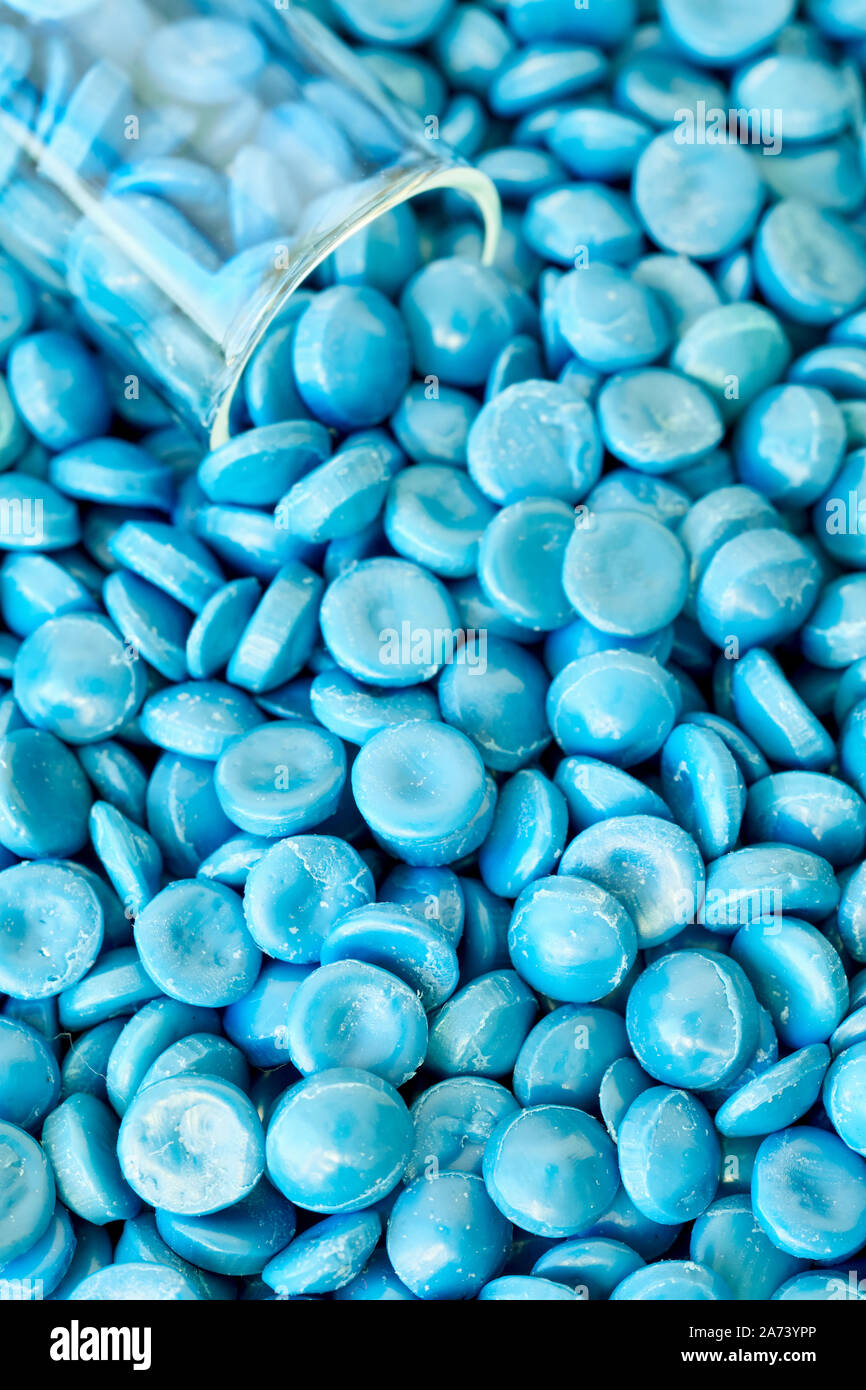Close up of high-density polyethylene (HDPE) granules, selective focus. Stock Photo