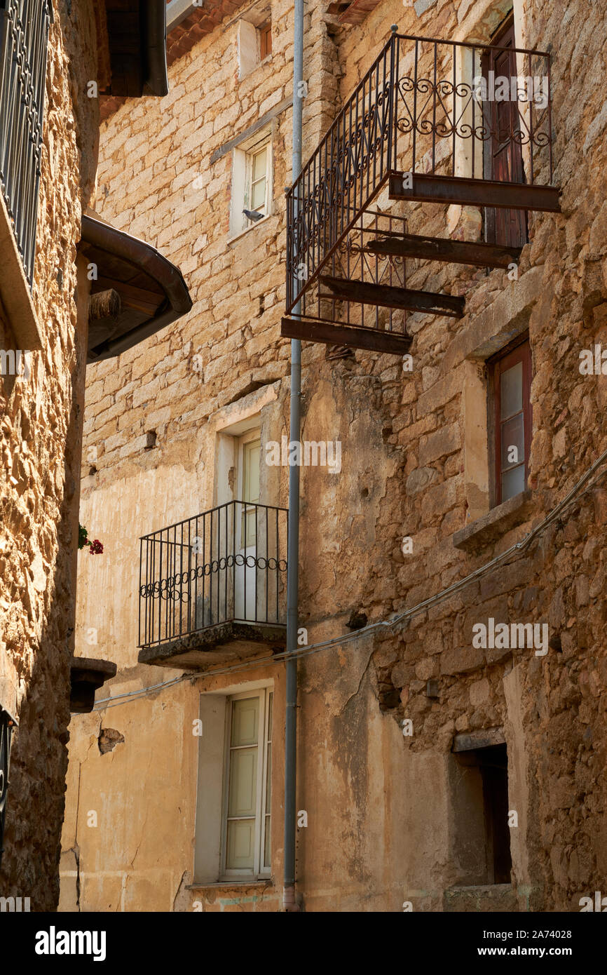 The granite architecture and street detail of Gavoi in central Sardinia, in the mountain interior region of Nuoro Barbagia Sardinia Italy Europe Stock Photo