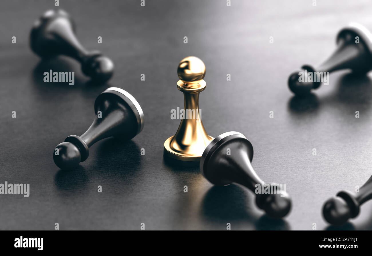 3D illustration of fallen black pawns and a golden one standing up. Concept of competitors marketing or business strategy. Stock Photo