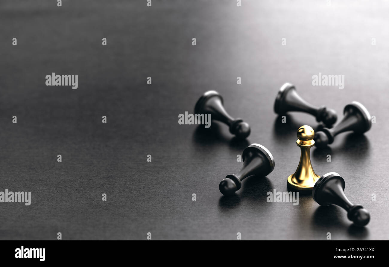 3D illustration of fallen black pawns and a golden one standing up. Black Paper Background. Concept of strategic business or competitors strategy. Stock Photo