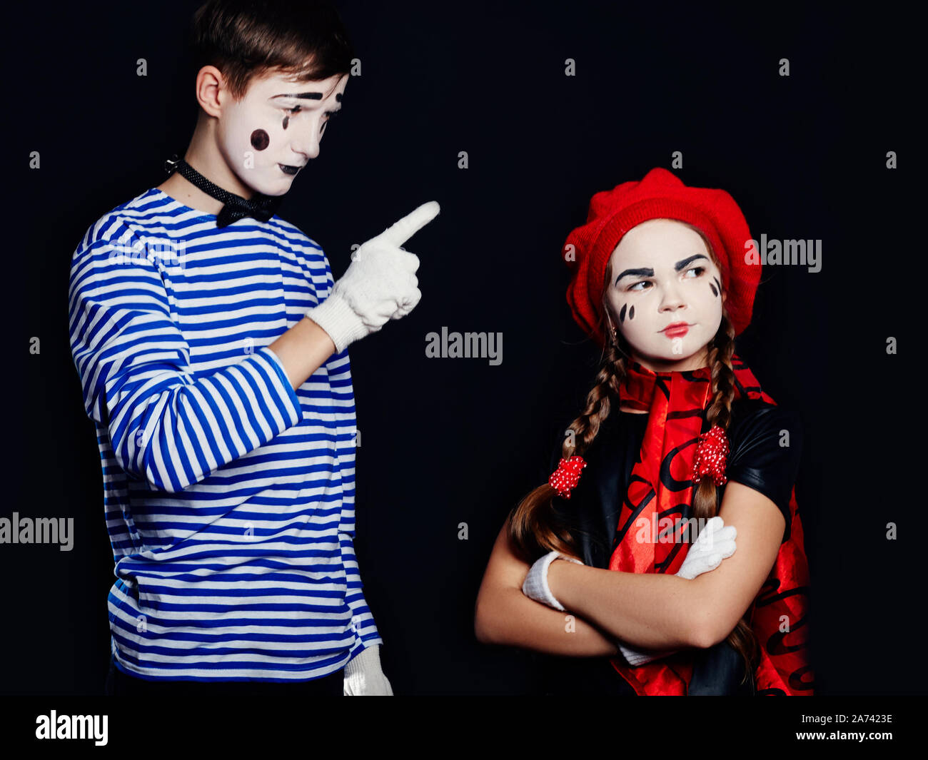 Children MIME group photo, pantomime various emotions on children's face. Baby French clown with