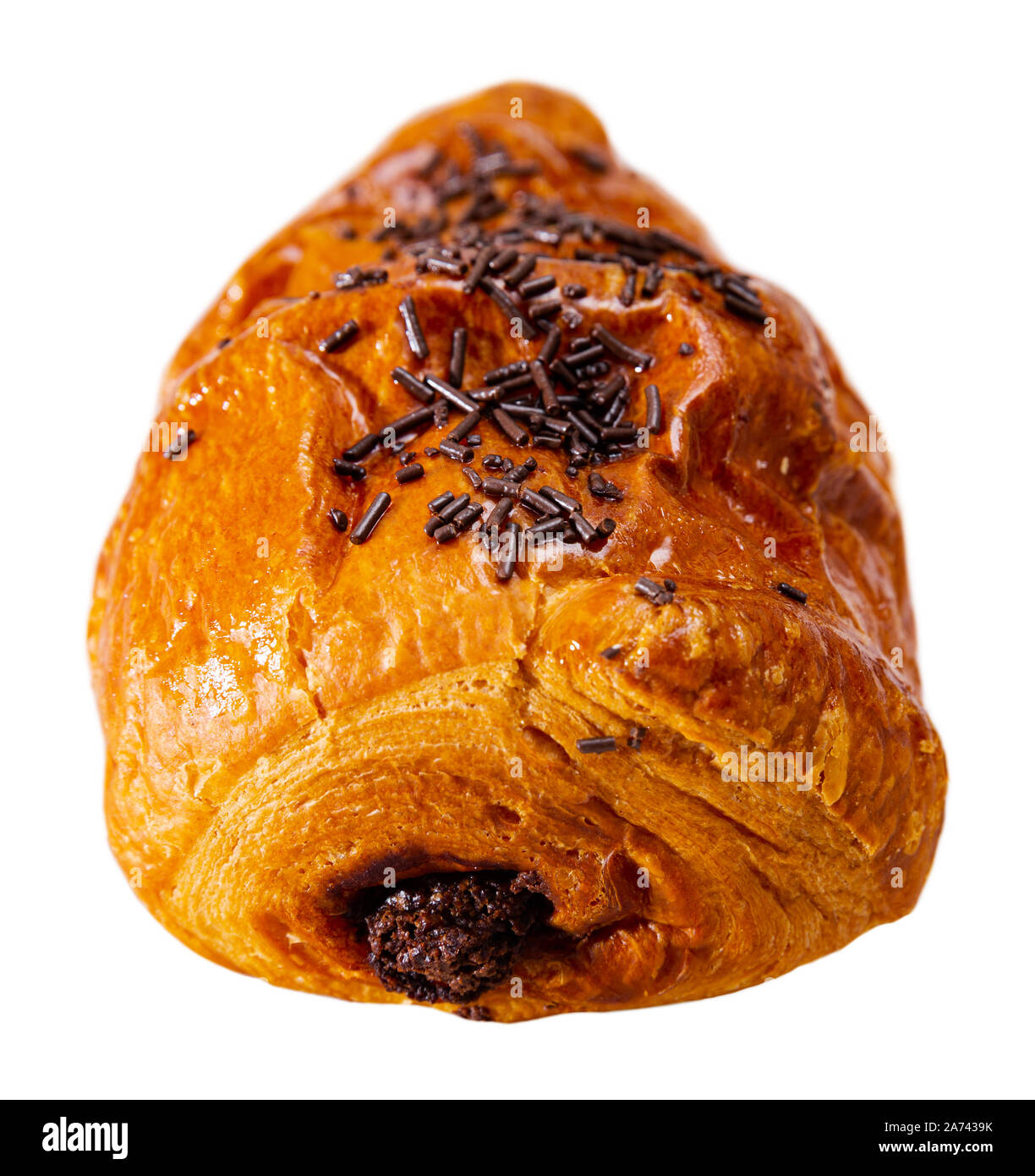 Image of fresh chocolate snail croissant, french dessert. Isolated over