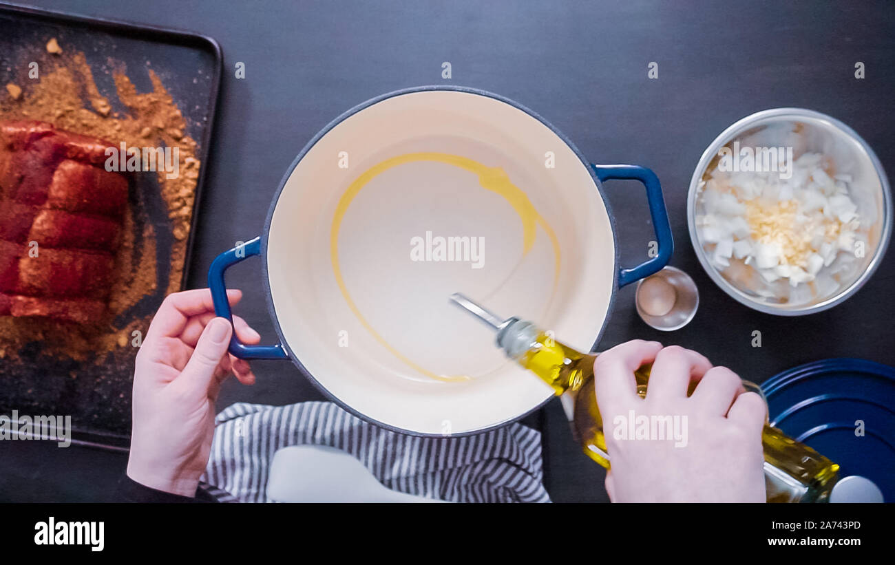 Flat lay. Step by step. Cooking boneless pork roast in cast iron dutch