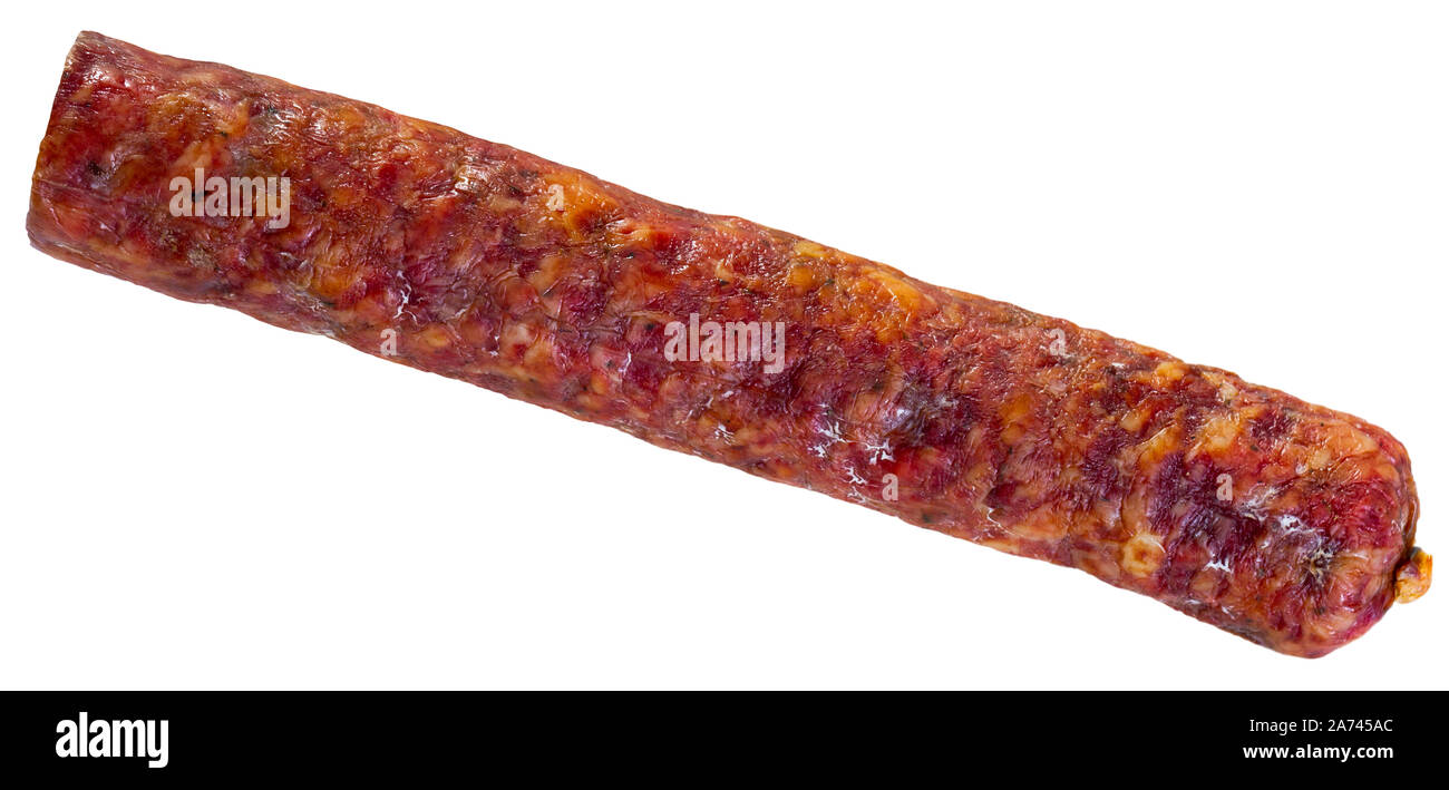 Spanish salchichon sausage, close-up. Isolated over white background Stock Photo