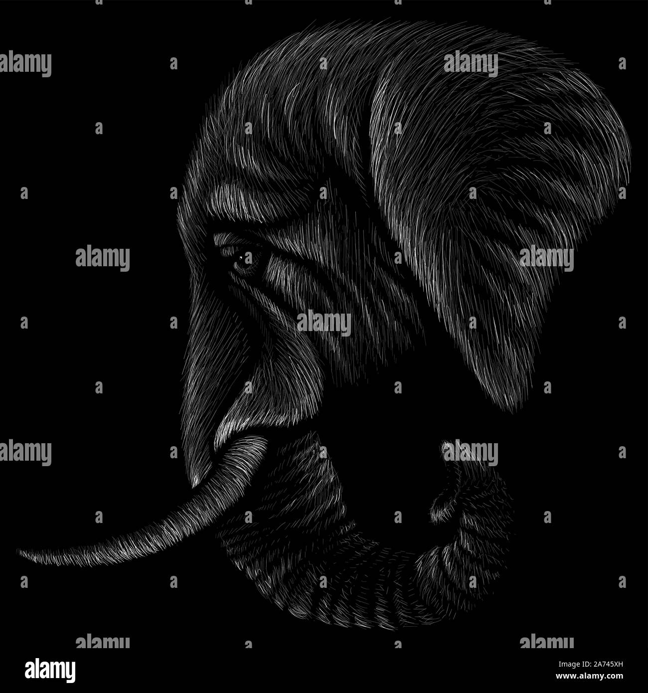 The Vector logo elephant for T-shirt design or outwear.  Hunting style elephant background. This drawing would be nice to make on the black fabric or Stock Vector