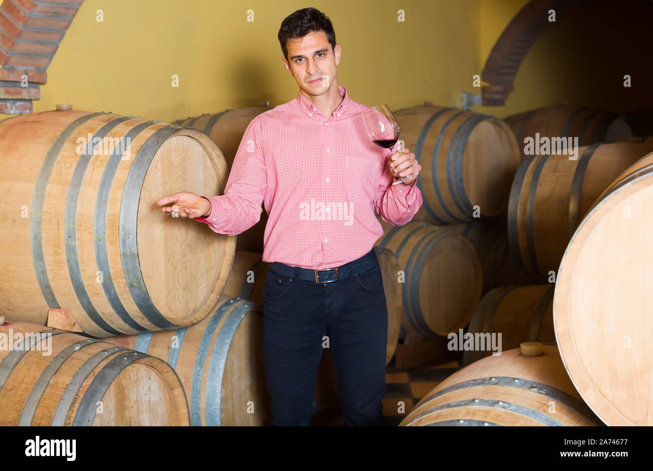 positive man posing among wooden barrels in winery cellar Stock Photo ...