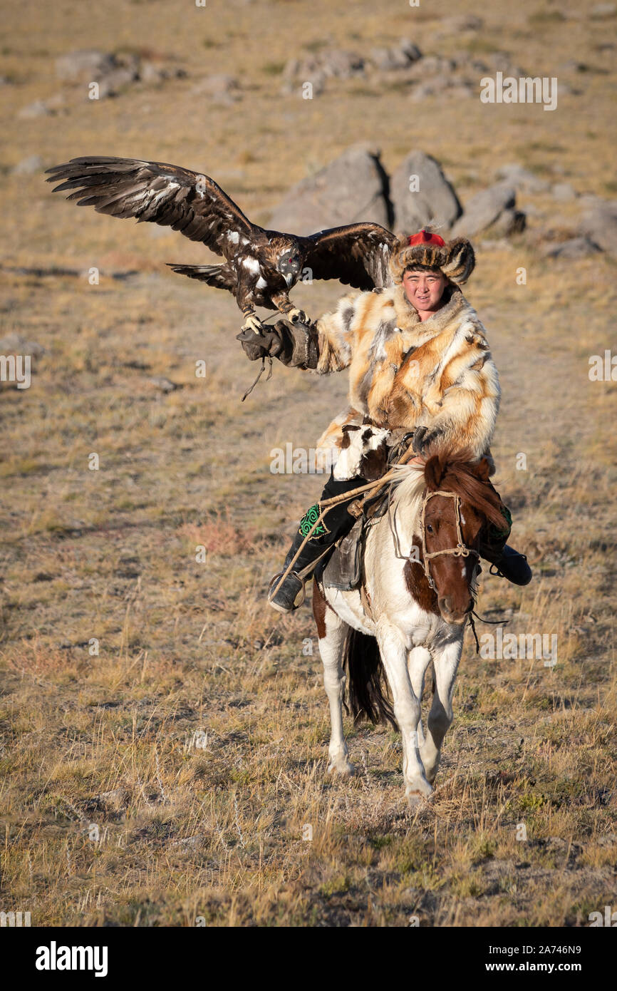 Old Traditional Kazakh Eagle Hunter Posing With His Golden Eagle In The Mountains Ulgii Western Mongolia Stock Photo Alamy