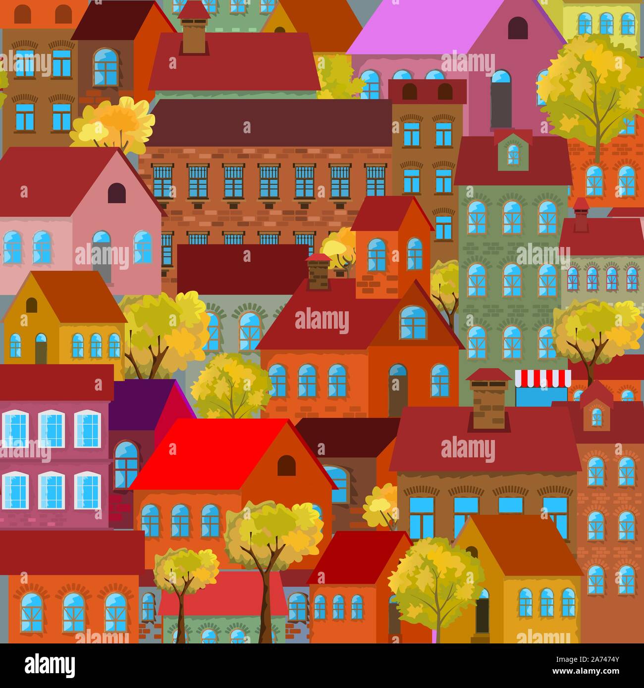 Seamless pattern with decorative colorful houses hand drawn style ...