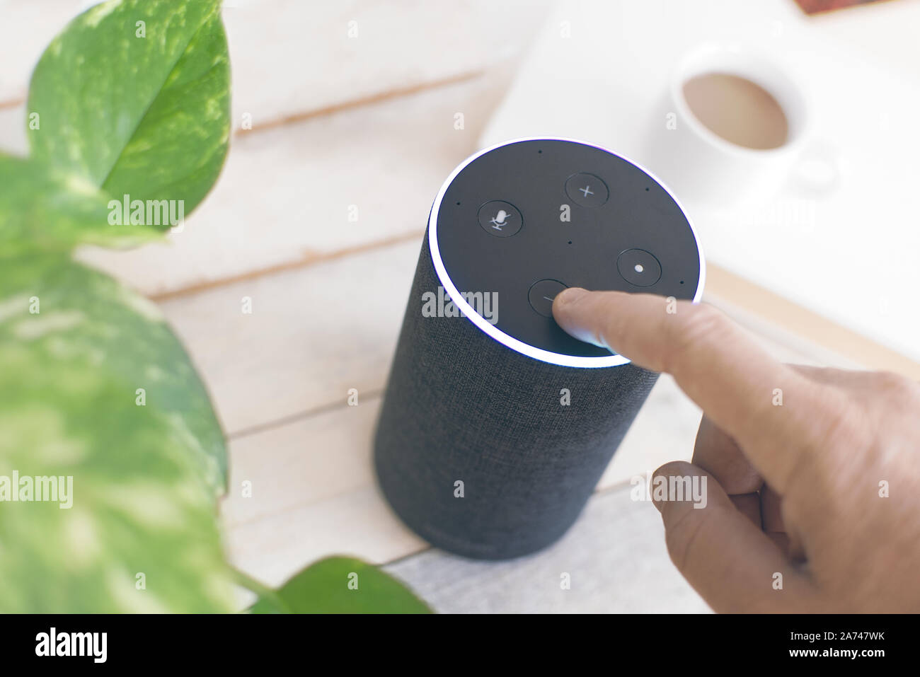 Hand of an user with a home automation, intelligent speaker device. Empty copy space for Editor's text. Stock Photo