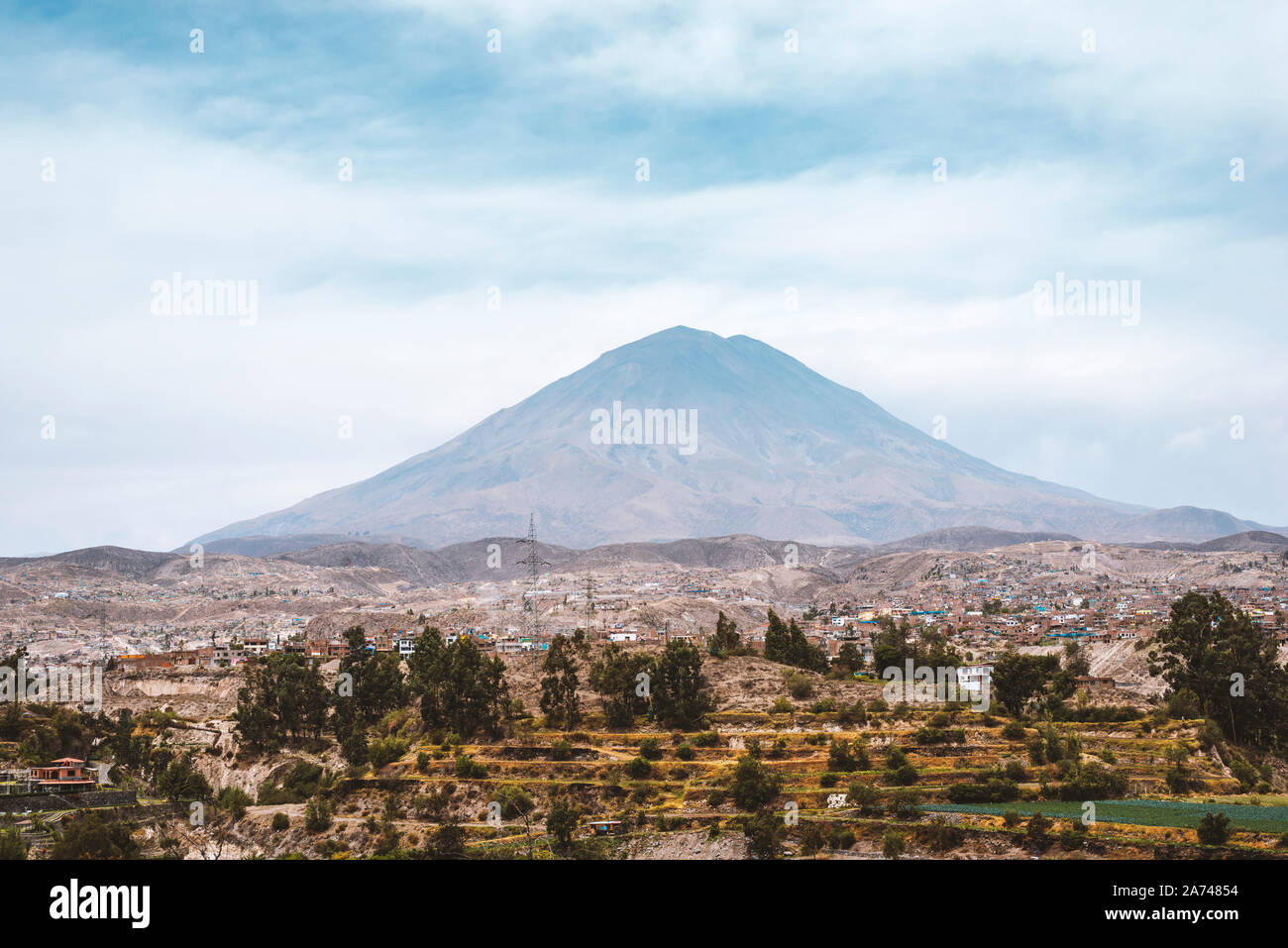 Arequipa suburban landscape with Misti volcano behind in Peru Stock Photo