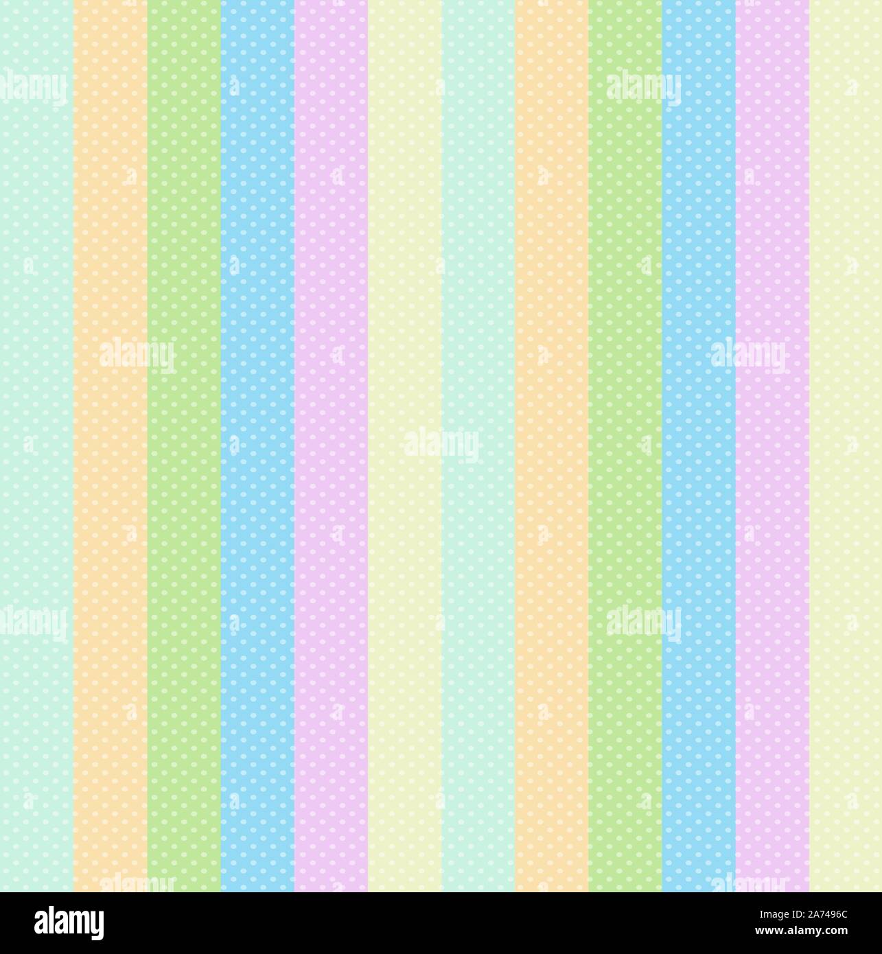 Stripe Background of Pastel Baby Colors and Polka Dots. Seamless Vertical Pinstripe Pink Blue Green Orange and Yellow Palette for Wallpaper Scrapbook, Stock Vector