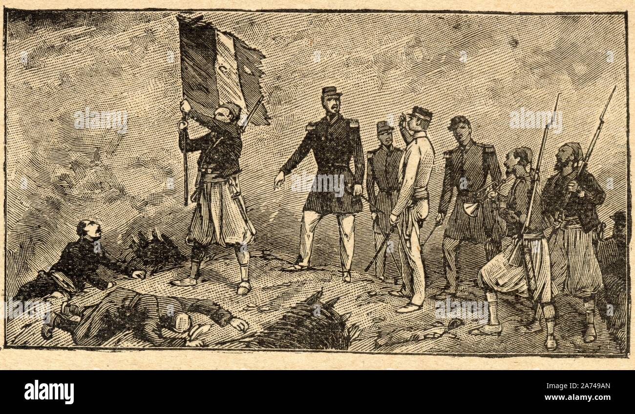 prise de malakoff .8 septembre 1855.mac-mahon plante le drapeau français sur la tour malakoff ,en disant : j'y suisnj'y reste. Stock Photo