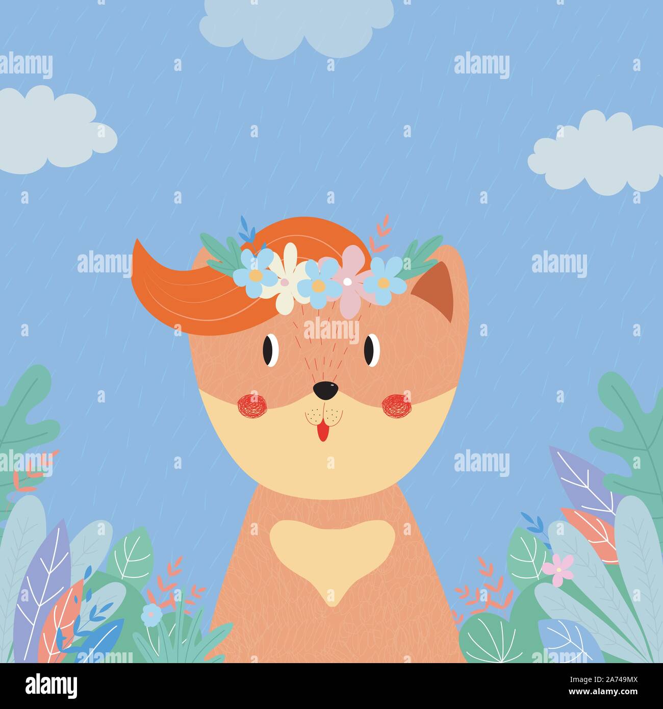 Cute fox in flower wreath among plants and leaves on field in rainy day. Summer Spring Autumn Fall Seasons Animal in Forest, Baby Print Cartoon flat v Stock Vector