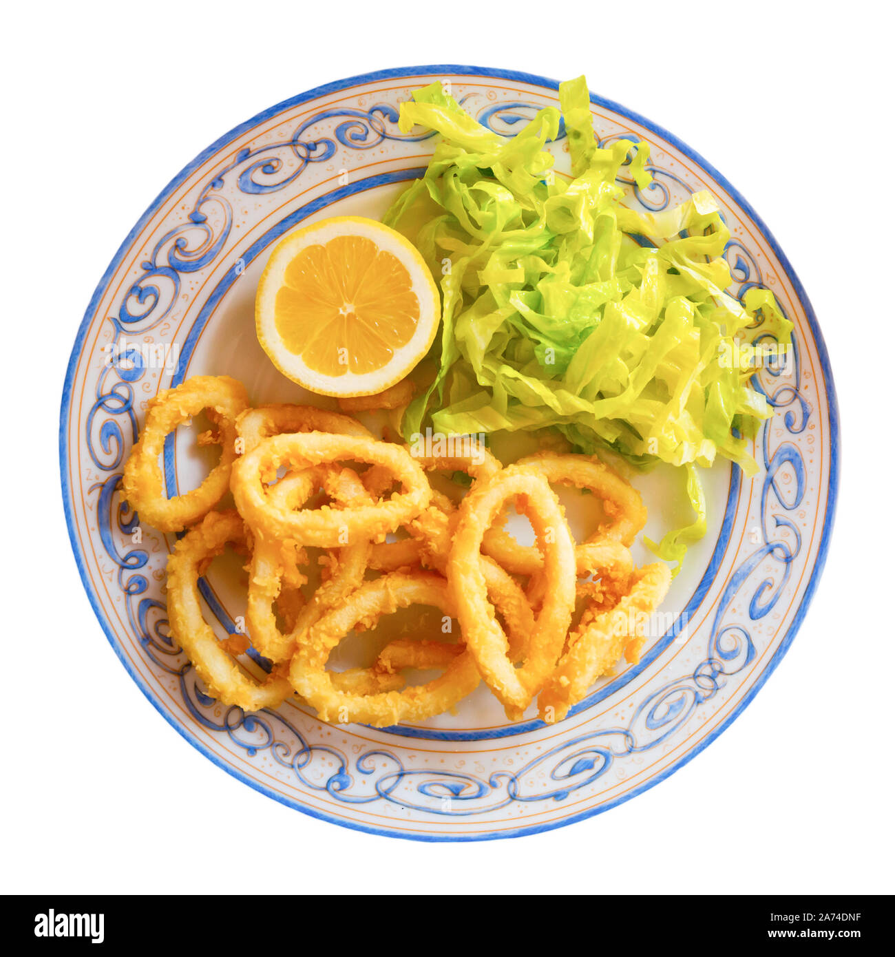 Calamares a la romana fried squid on plate. Traditional spanish dish. Isolated over white background Stock Photo