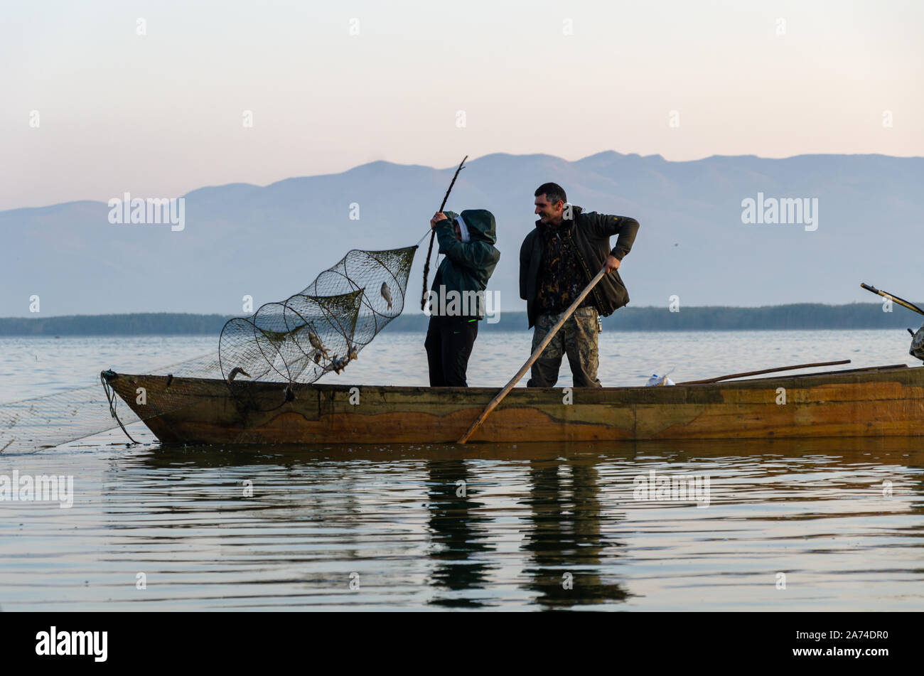 Eber Lake,Afyonkarahisar/ TURKEY- October 20, 2019: Fisherman checking his fishing nets. Stock Photo