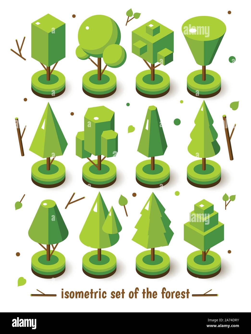 Isometric vector bright tree set. Landscape constructor kit. Different ...