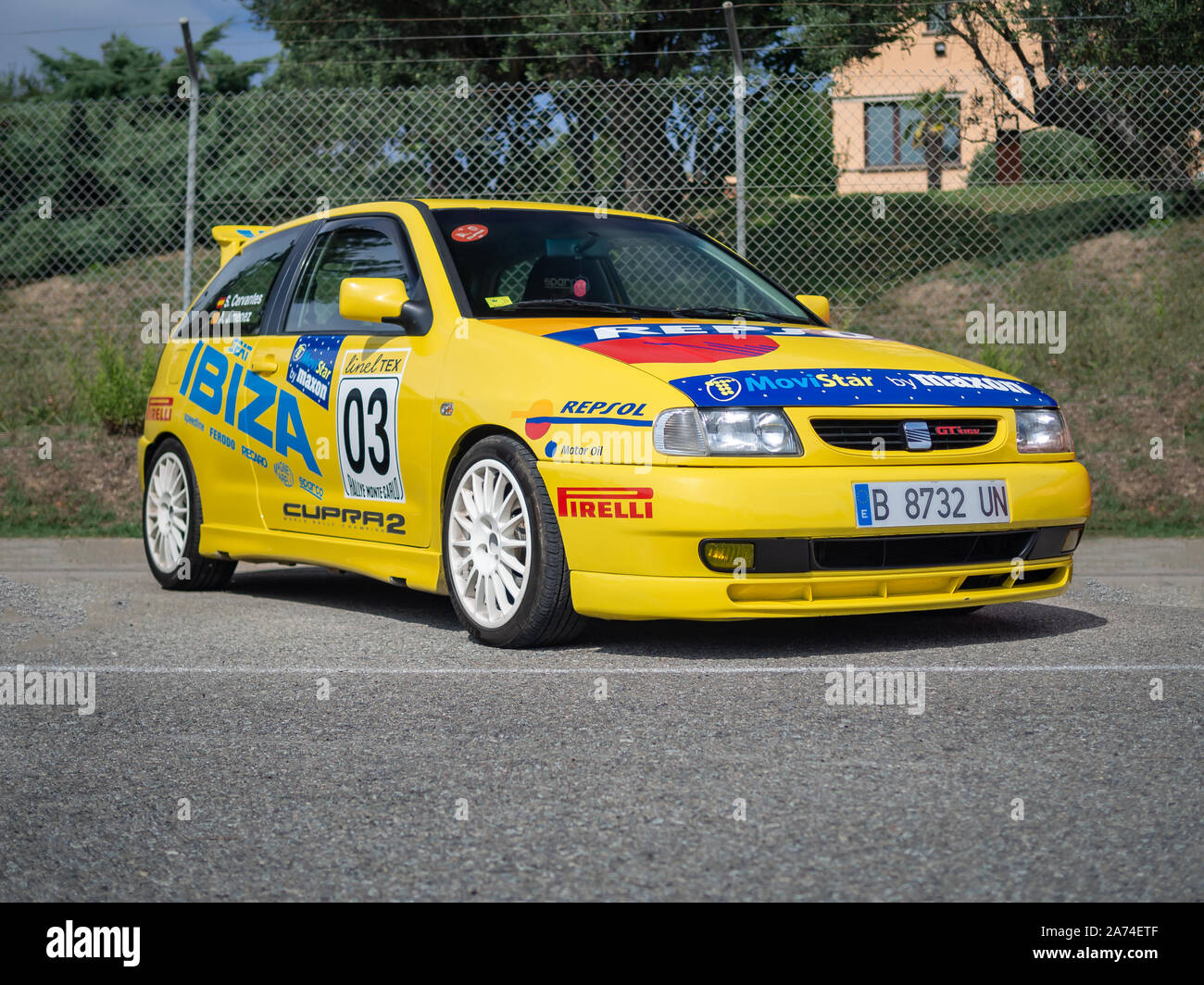 MONTMELO, SPAIN-SEPTEMBER 29, 2019: 1993 Second Generation Seat Ibiza Mk2 (Typ 6K) 2.0 Cupra 16V GTi Rally Car Stock Photo