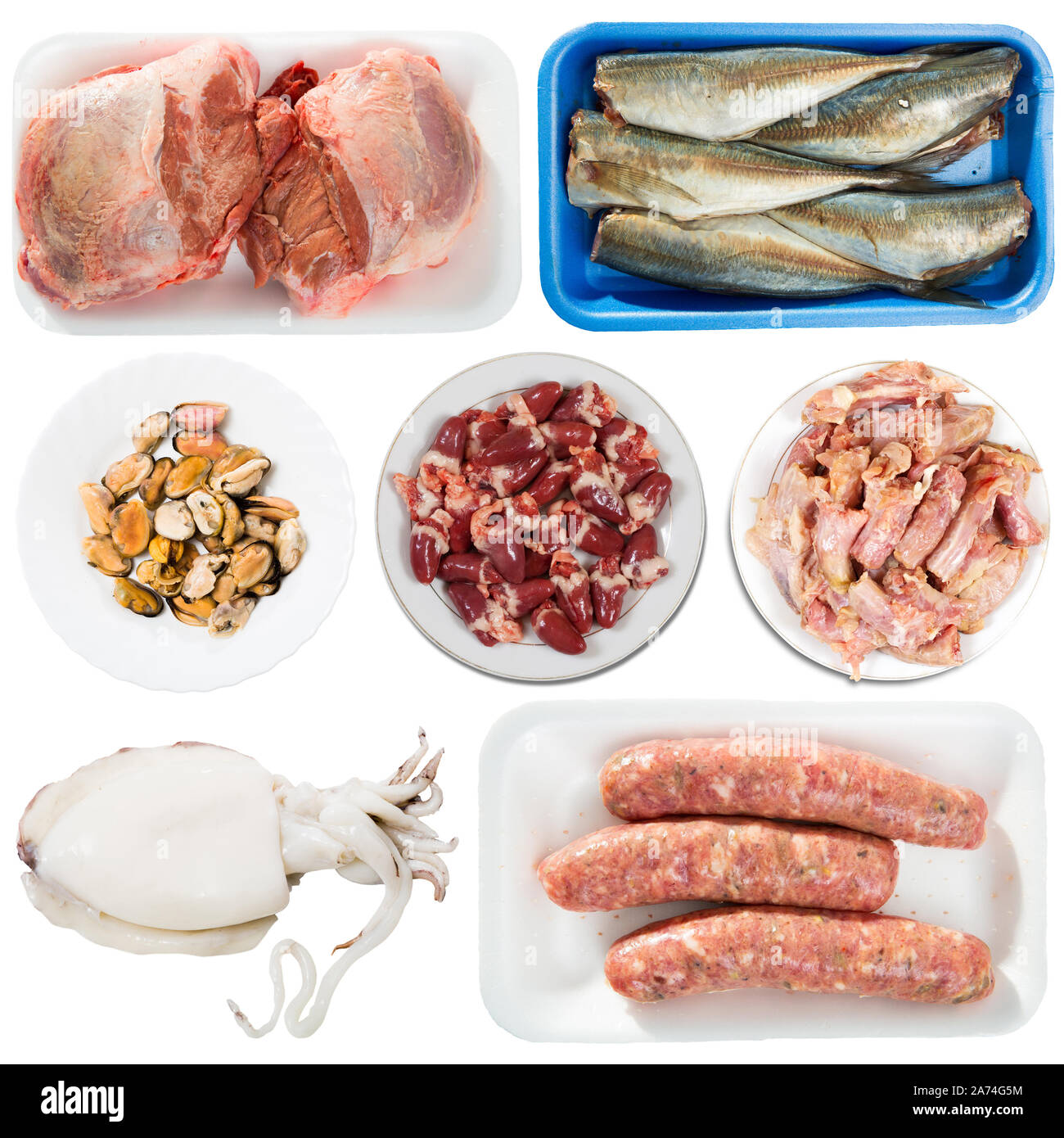 Collection of raw meat, poultry fish isolated on white background Stock