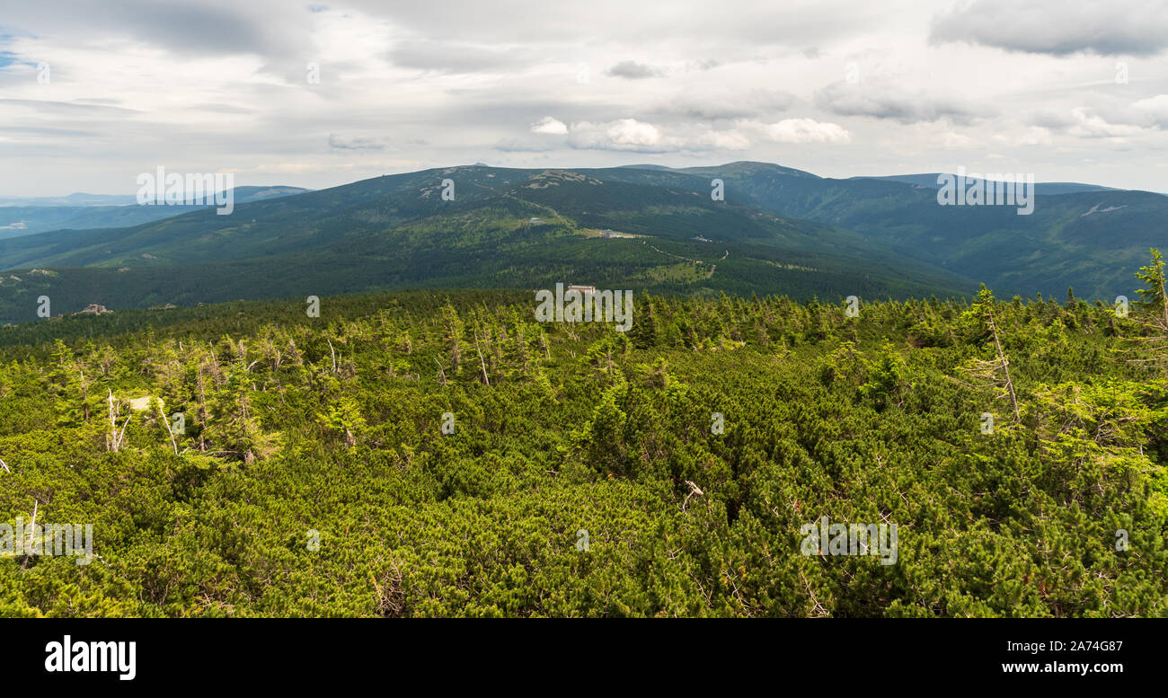 Krkonose mountains scenery from Divci kameny on czech-polish borders during cloudy summer day Stock Photo