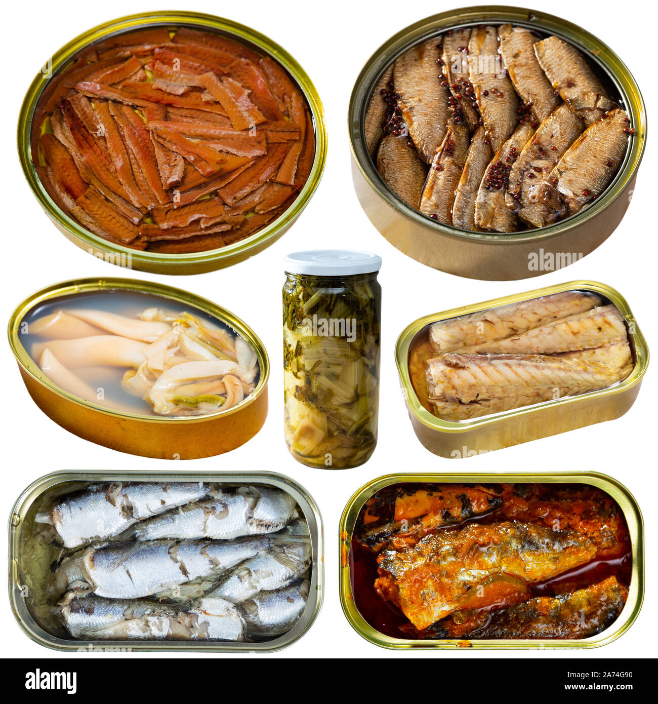 Set of various canned seafood, fish, meat, vegetables and fruits