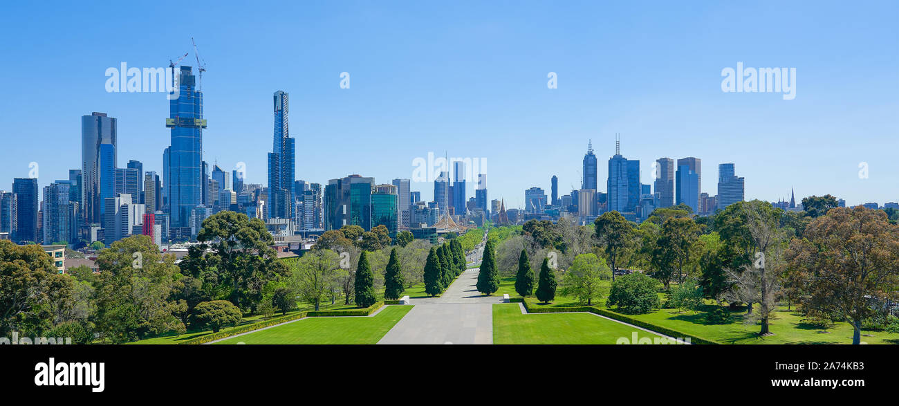 Melbourne cityscape panorama view from Shrine of Remembrance on a sunny day . Stock Photo