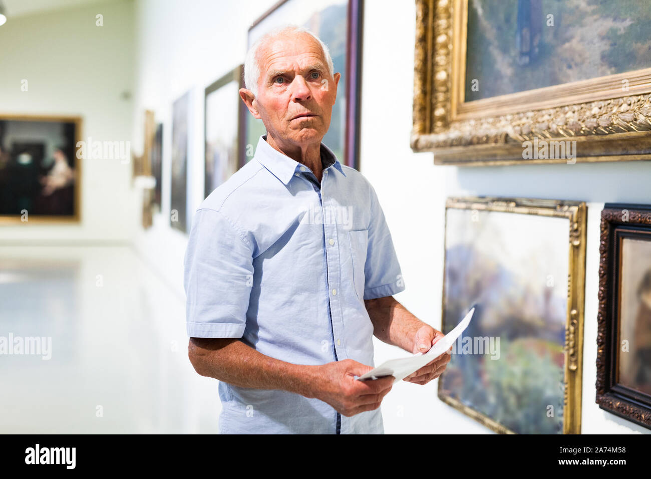 Positive Aged Male With Guide Brochure Considering Paintings