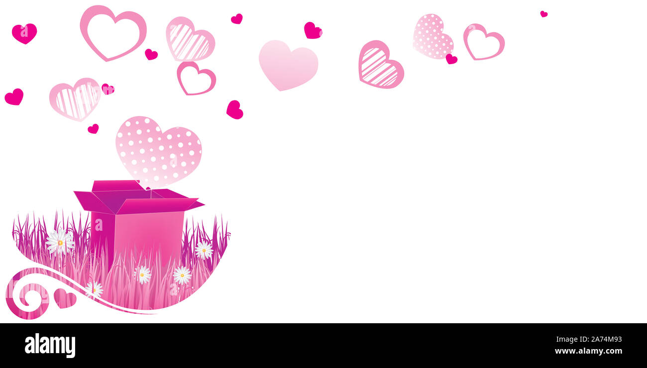 Heart shapped box and pink glossy hearts illustration Stock Photo
