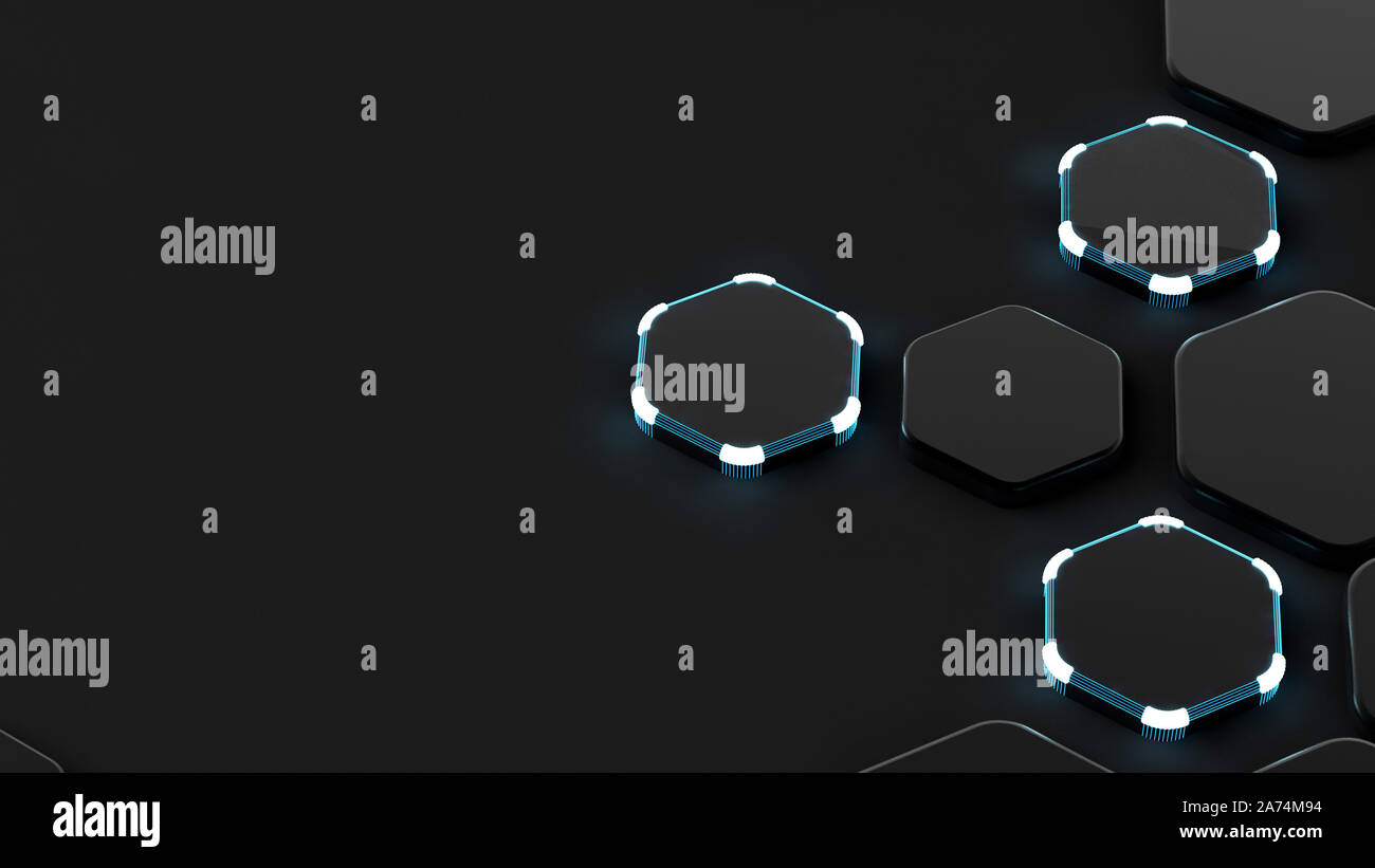 Black abstract background with hexagons and glow. 3d rendering, 3d ...