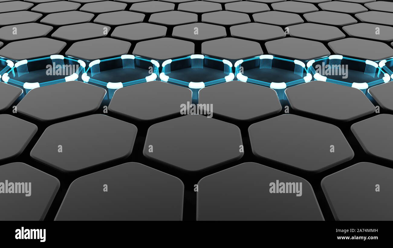 Black abstract background with hexagons and glow. 3d rendering, 3d ...
