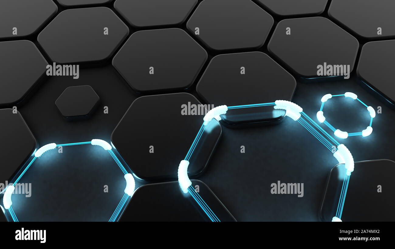 Black abstract background with hexagons and glow. 3d rendering, 3d ...