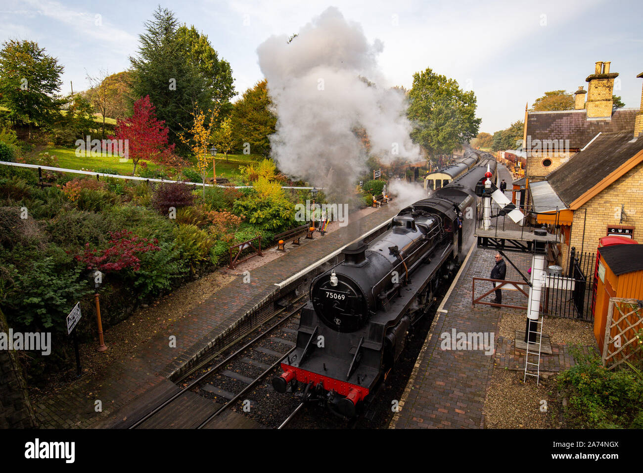 A steam locomotive passes through Arley Station on the Severn Valley Railway in Worcestershire, which has been decorated for Halloween. PA Photo. Picture date: Wednesday October 30, 2019. Photo credit should read: Jacob King/PA Wire Stock Photo