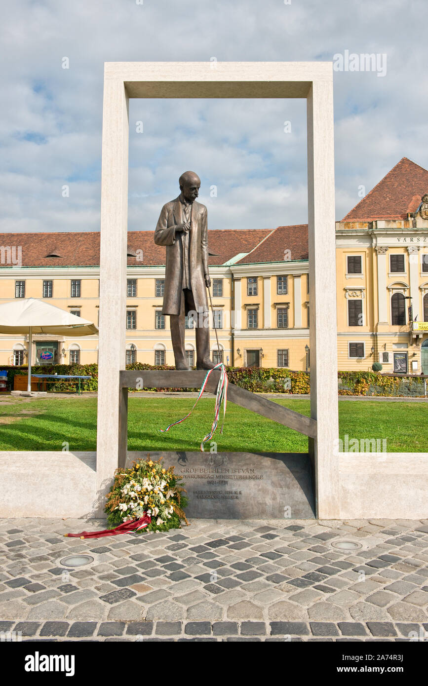 Memorial statue outside the Court Theatre of Buda. Formerly a Carmelite church and monastery. Buda Castle District Stock Photo