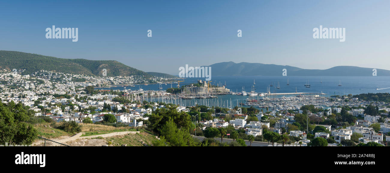 Panoramic view of Bodrum district from hill, Mugla, Turkey Stock Photo