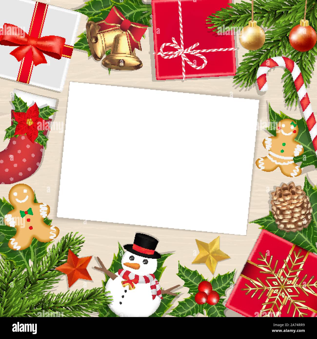 white paper on wood board with chrismas object Stock Vector
