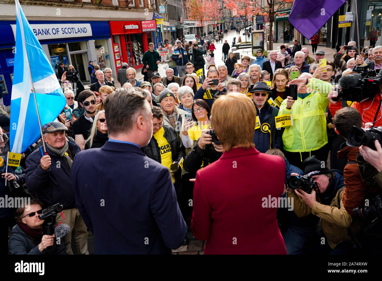 Stirling, Scotland, UK. 30th Oct, 2019. Scotland's First Minister Nicola Sturgeon joined SNP candidate for Stirling Alyn Smith for a campaign event at Made in Stirling Store and Creative Hub in Stirling. During a walkabout she addressed a group of SNP supporters and stated that A win for the SNP would be an unequivocal and irresistible demand for Scotland's right to choose it's own future. Credit: Iain Masterton/Alamy Live News Stock Photo