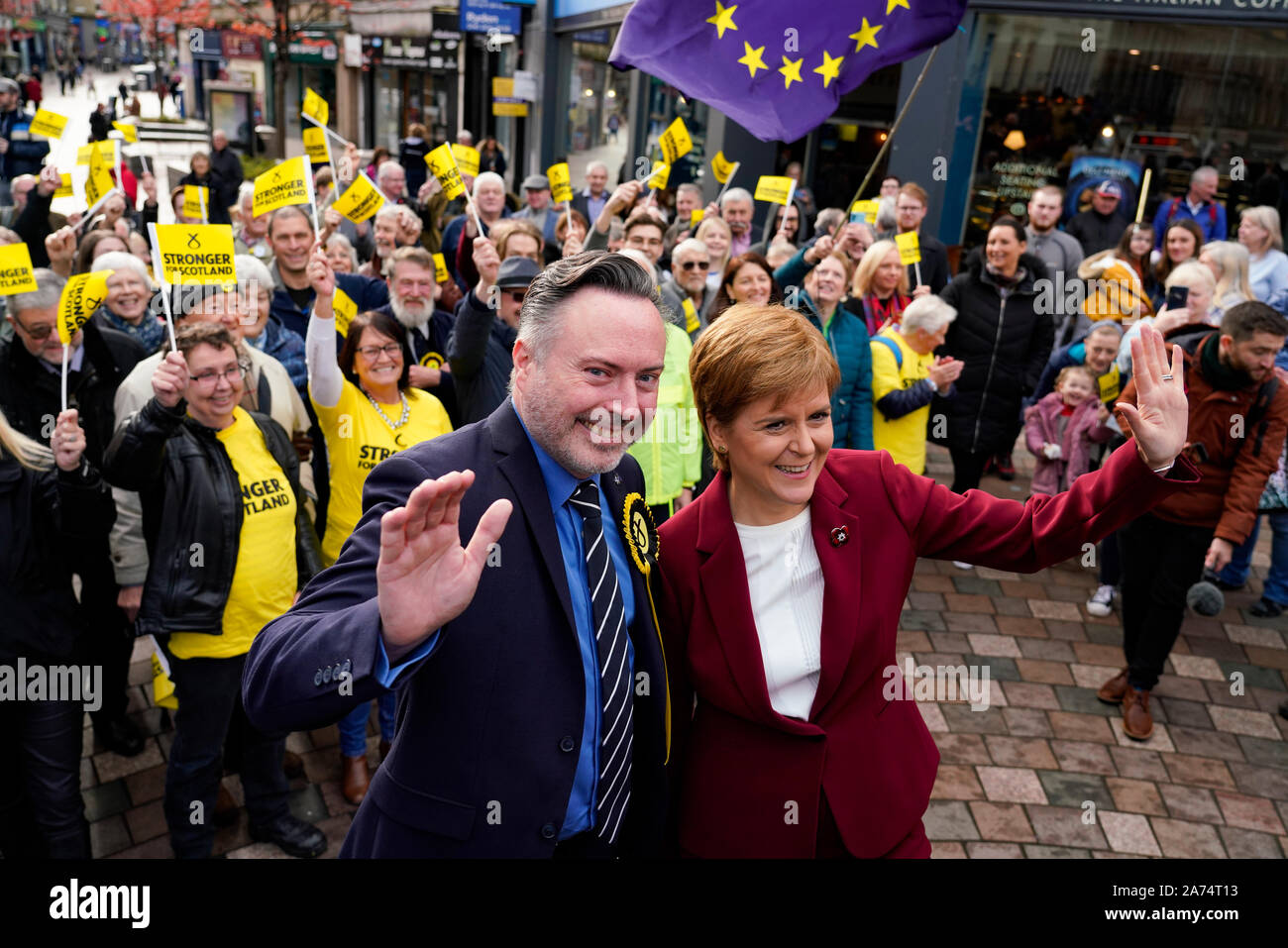 Stirling, Scotland, UK. 30th Oct, 2019. Scotland's First Minister Nicola Sturgeon joined SNP candidate for Stirling Alyn Smith for a campaign event at Made in Stirling Store and Creative Hub in Stirling. During a walkabout she addressed a group of SNP supporters and stated that A win for the SNP would be an unequivocal and irresistible demand for Scotland's right to choose it's own future. Credit: Iain Masterton/Alamy Live News Stock Photo