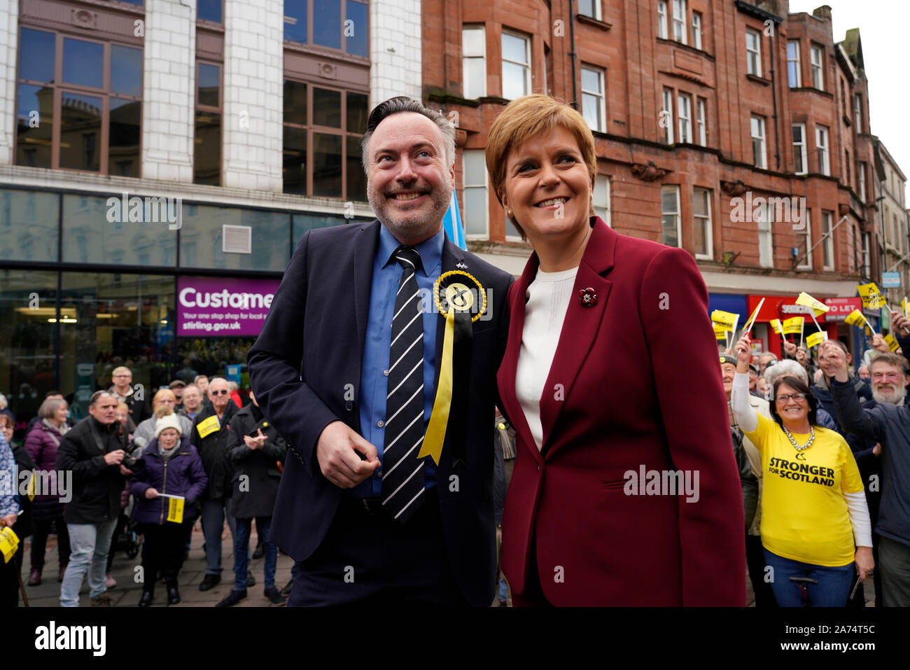 Stirling, Scotland, UK. 30th Oct, 2019. Scotland's First Minister Nicola Sturgeon joined SNP candidate for Stirling Alyn Smith for a campaign event at Made in Stirling Store and Creative Hub in Stirling. During a walkabout she addressed a group of SNP supporters and stated that A win for the SNP would be an unequivocal and irresistible demand for Scotland's right to choose it's own future. Credit: Iain Masterton/Alamy Live News Stock Photo