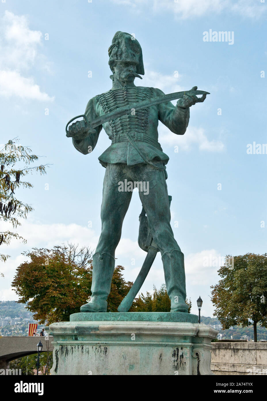 Statue of Old Hussar. Bronze statue of Hungarian Hussar officer. Castle District, Buda, Budapest. Stock Photo