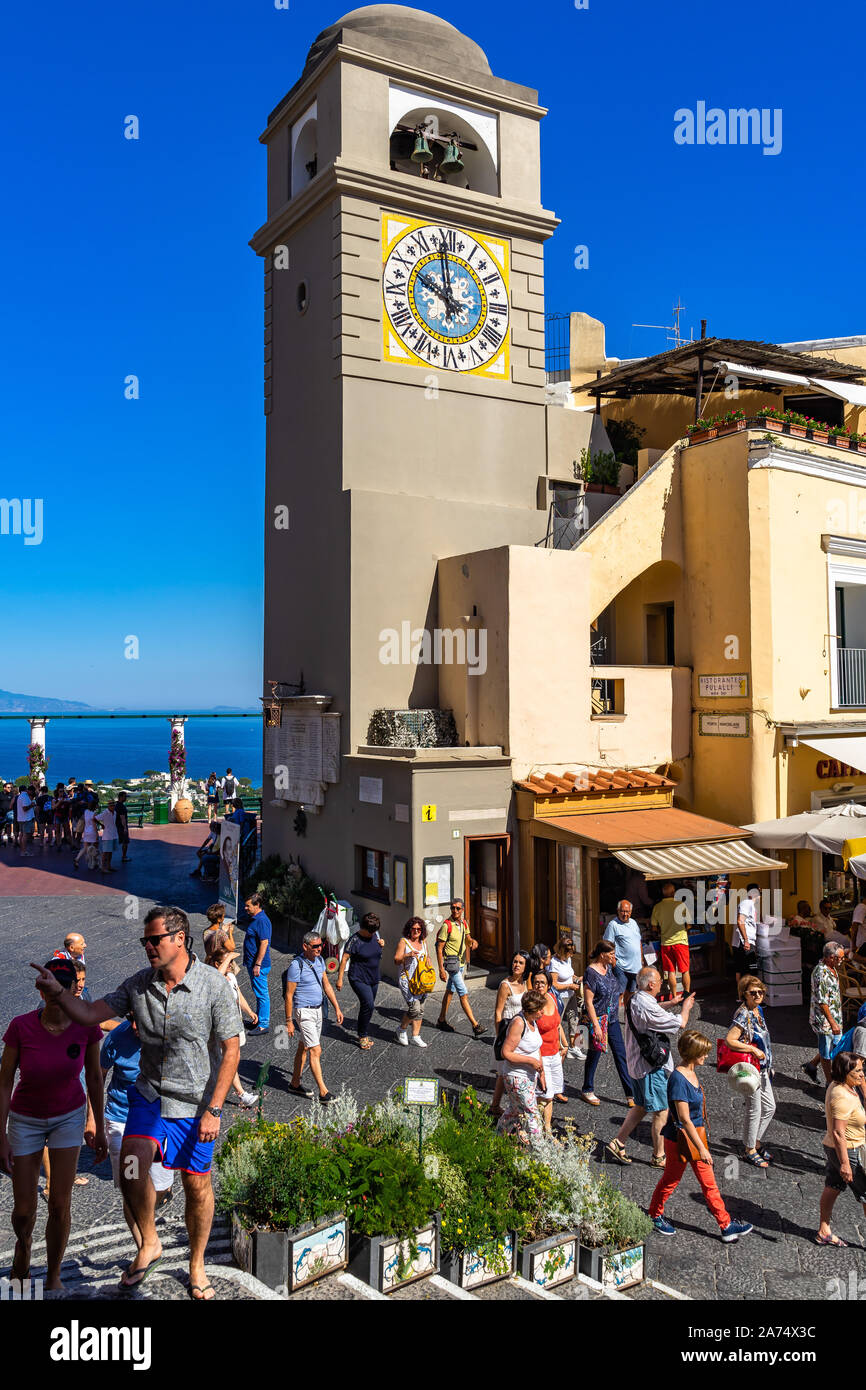 View of “La Piazzetta” (Umberto I square) in the lively old town of Capri. Capri, Campania, Italy, June 2019 Stock Photo