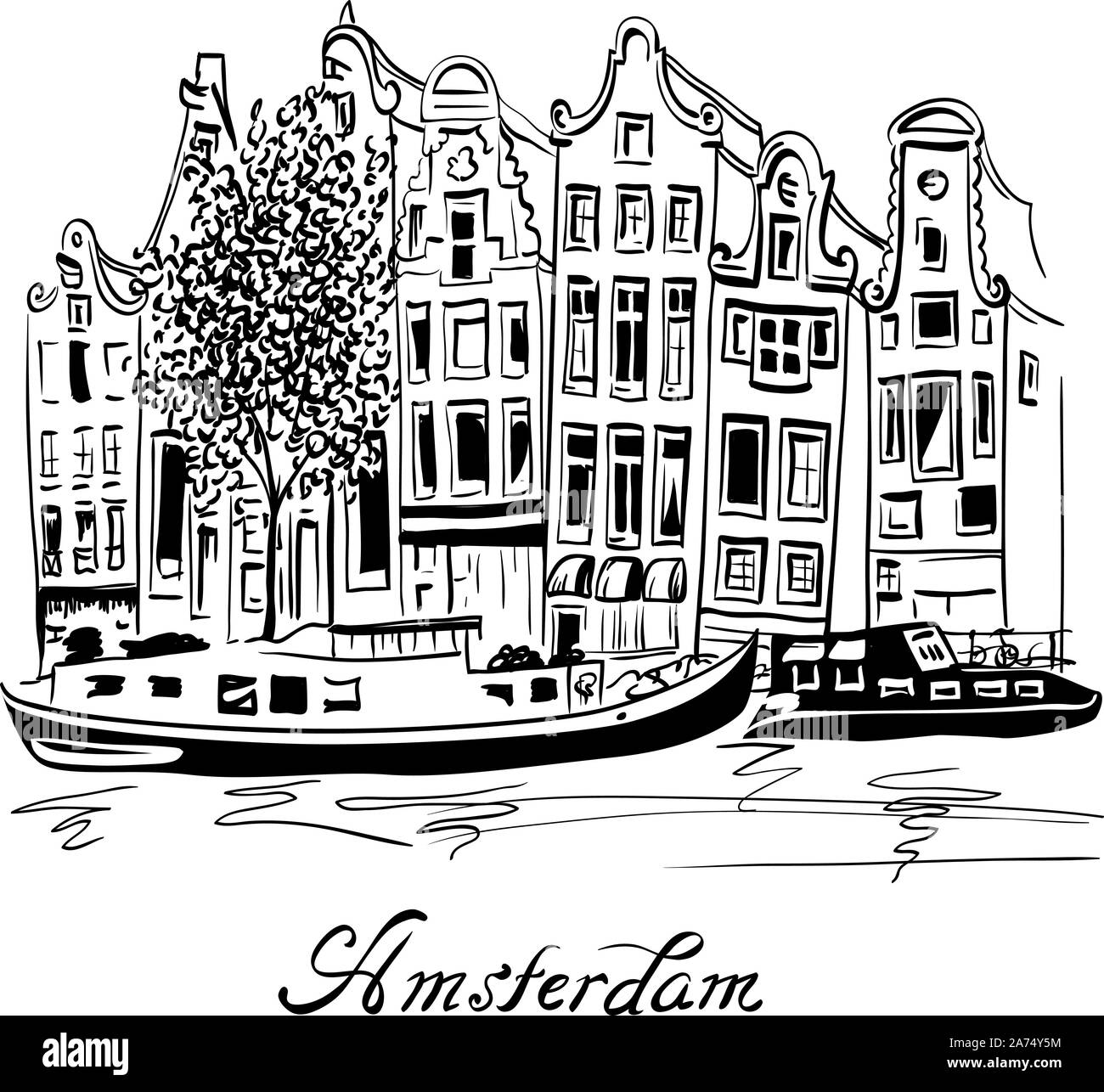 Black and white hand drawing, city view of Amsterdam typical houses, Holland, Netherlands. Stock Vector