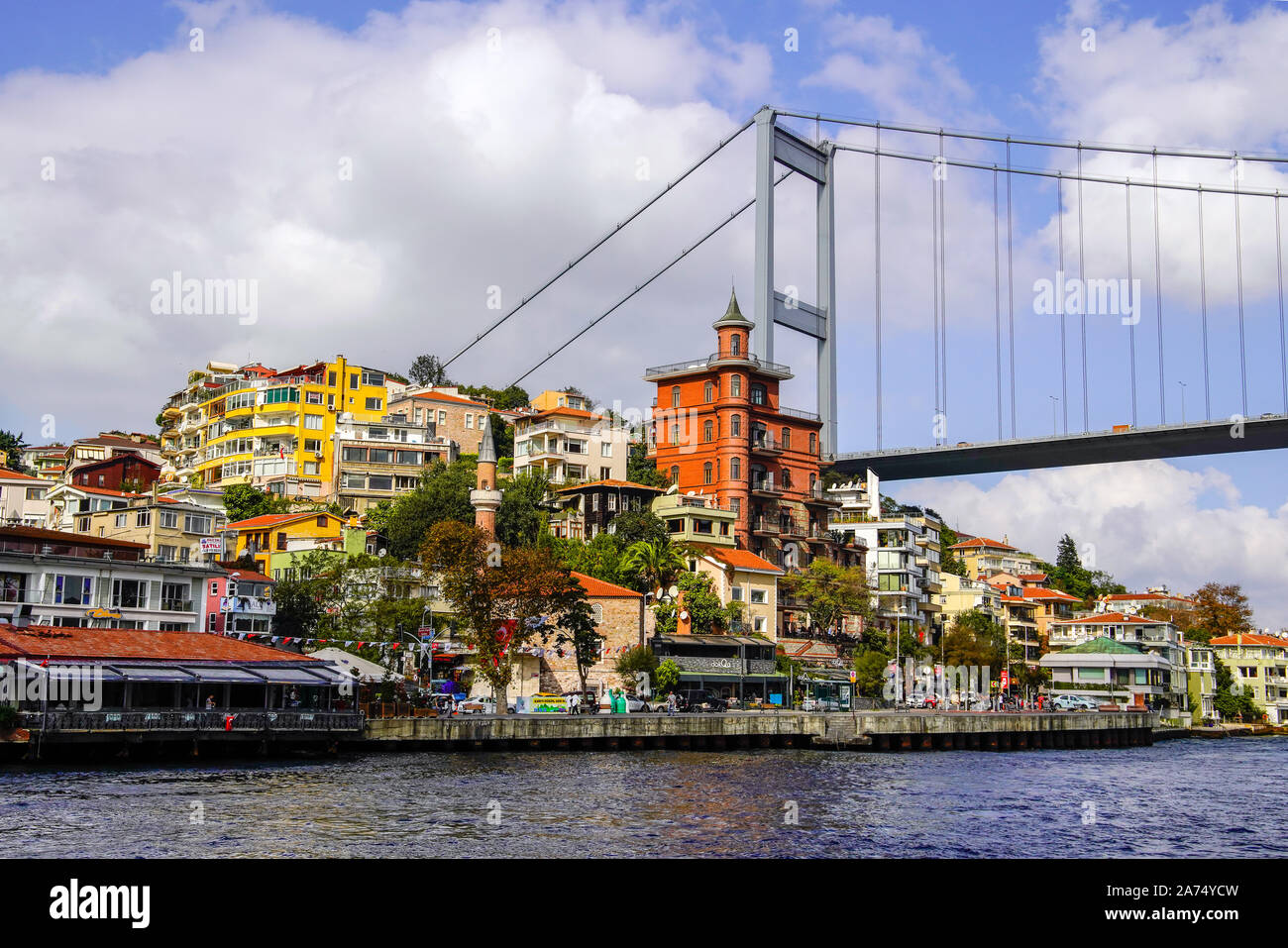 Borusan Holding house by Bosphorus Bridge connecting Europe and Asia. Istanbul, Turkey. Stock Photo