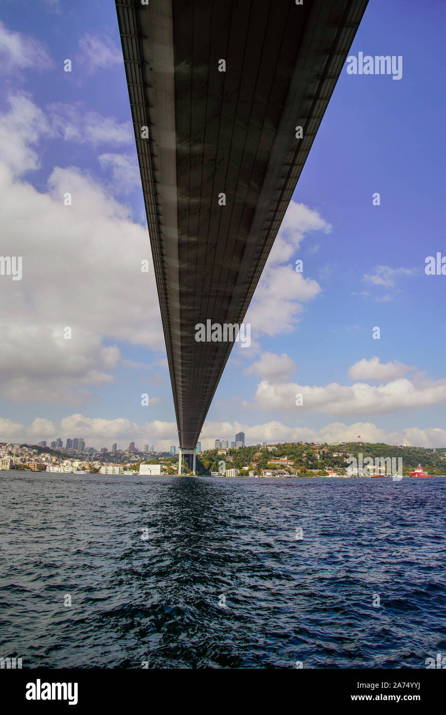 Famous Bosphorus Bridge or First Bosphorus Bridge connecting Asia and Europe. Istanbul, Turkey