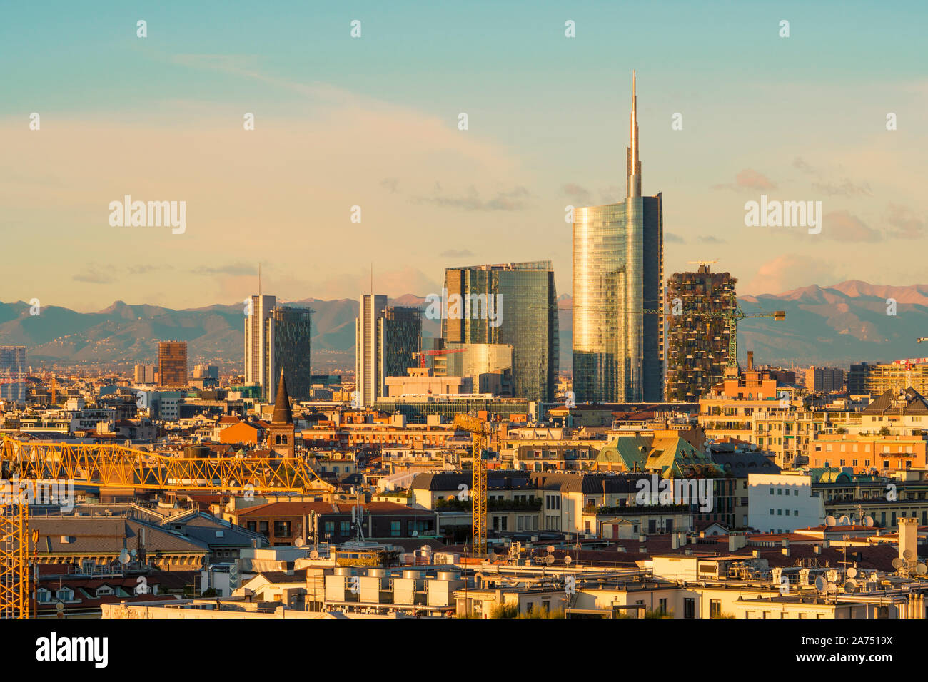 Milan (Italy) skyline with modern skyscrapers in Porta Nuova business district. Panoramic view of Milano city. Italian landscape. Stock Photo