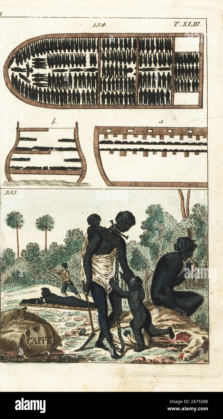 Diagram of slaves in the hold of a slave ship, and vignette of a woman slave in chains working on a coffee plantation with her small children, while another slave is whipped behind her. Handcolored copperplate engraving from G. T. Wilhelm's "Encyclopedia of Natural History: Mankind," Augsburg, 1804. Gottlieb Tobias Wilhelm (1758-1811) was a Bavarian clergyman and naturalist known as the German Buffon. Stock Photo